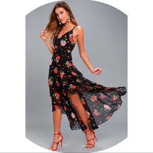 Lulus California Sunset Black Floral Print High-Low Dress NWT